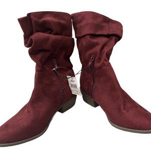 George SLOUCH BOOTS IN TOBACCO RED WINE, WRINKLED MID CALF, LOOSE, LOW HEEL